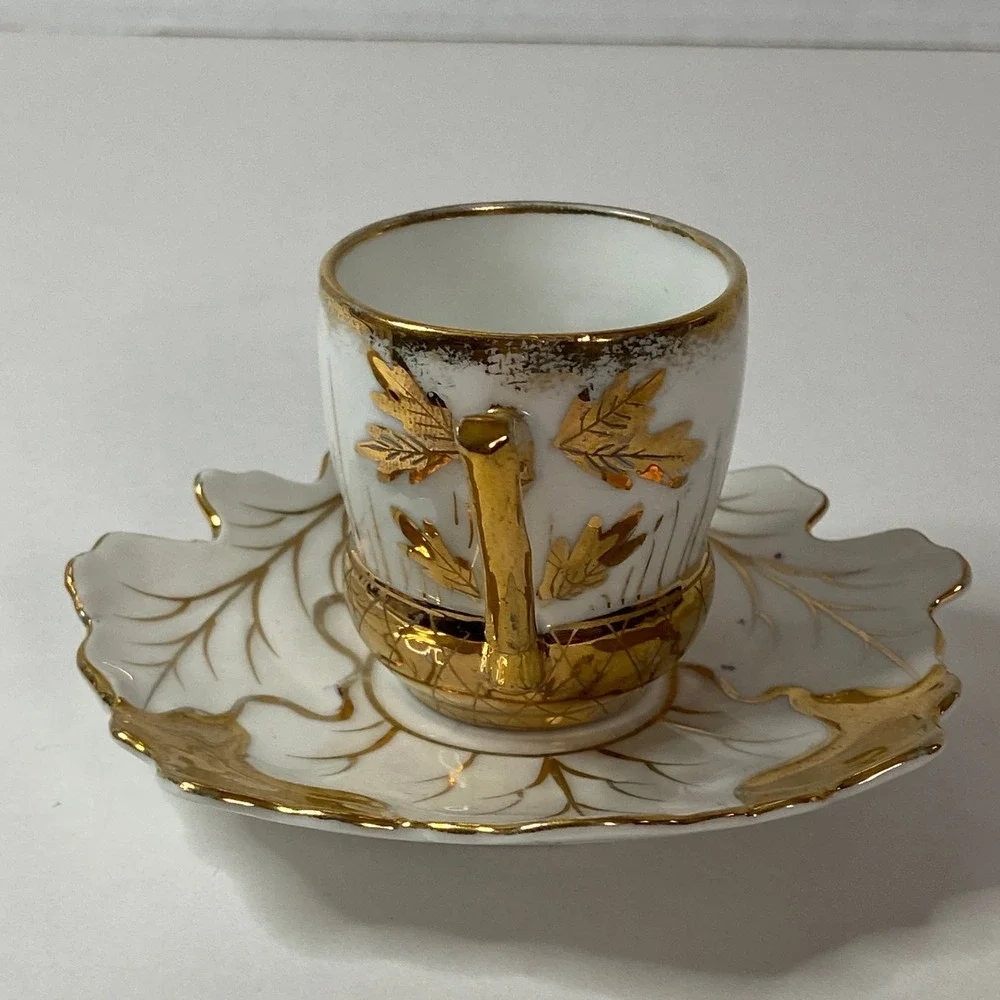 Vintage Gilt Porcelain Demitasse Cup Saucer Set Gold Leaf Scalloped Espresso Tea